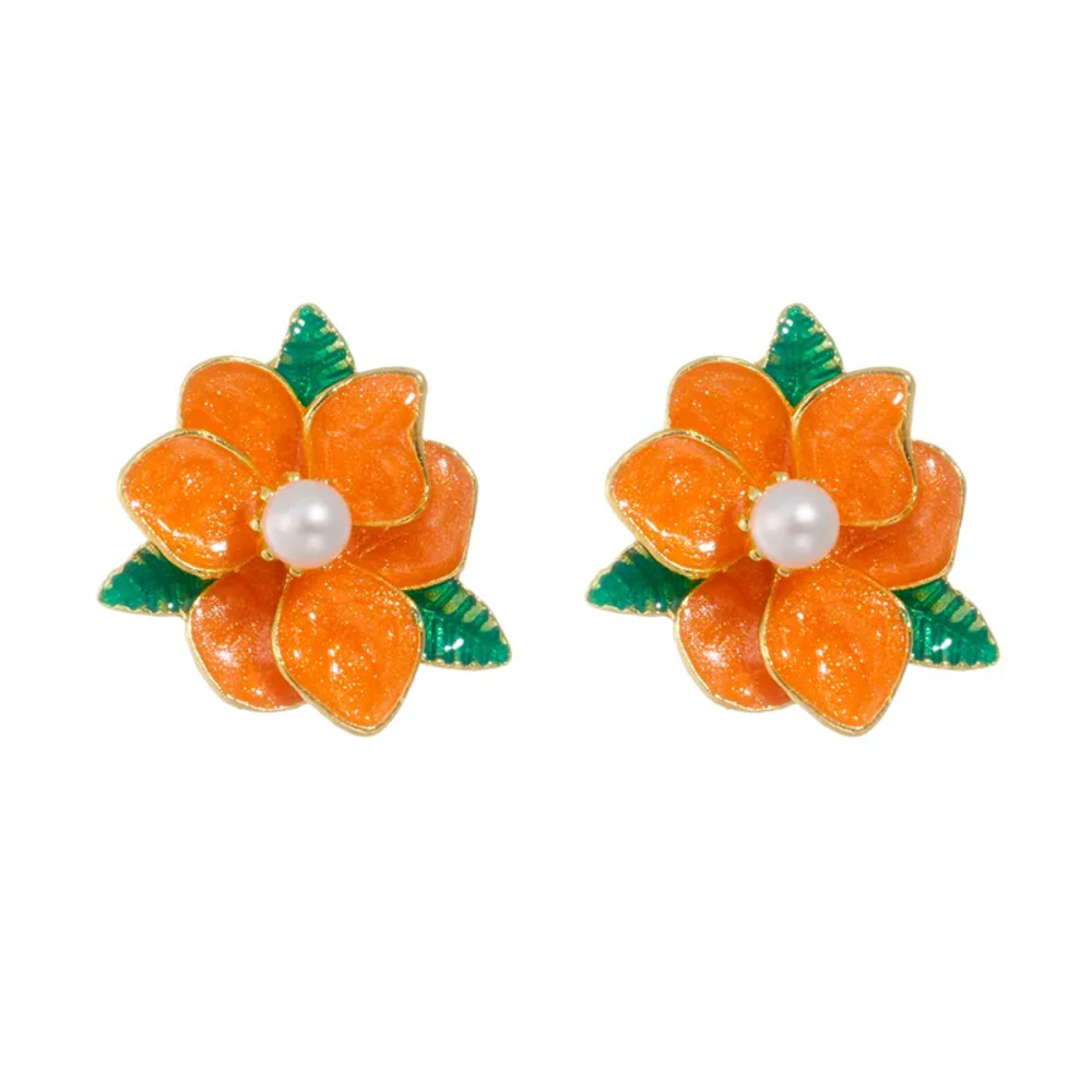 Orange Tropical Flower Enamel Earrings